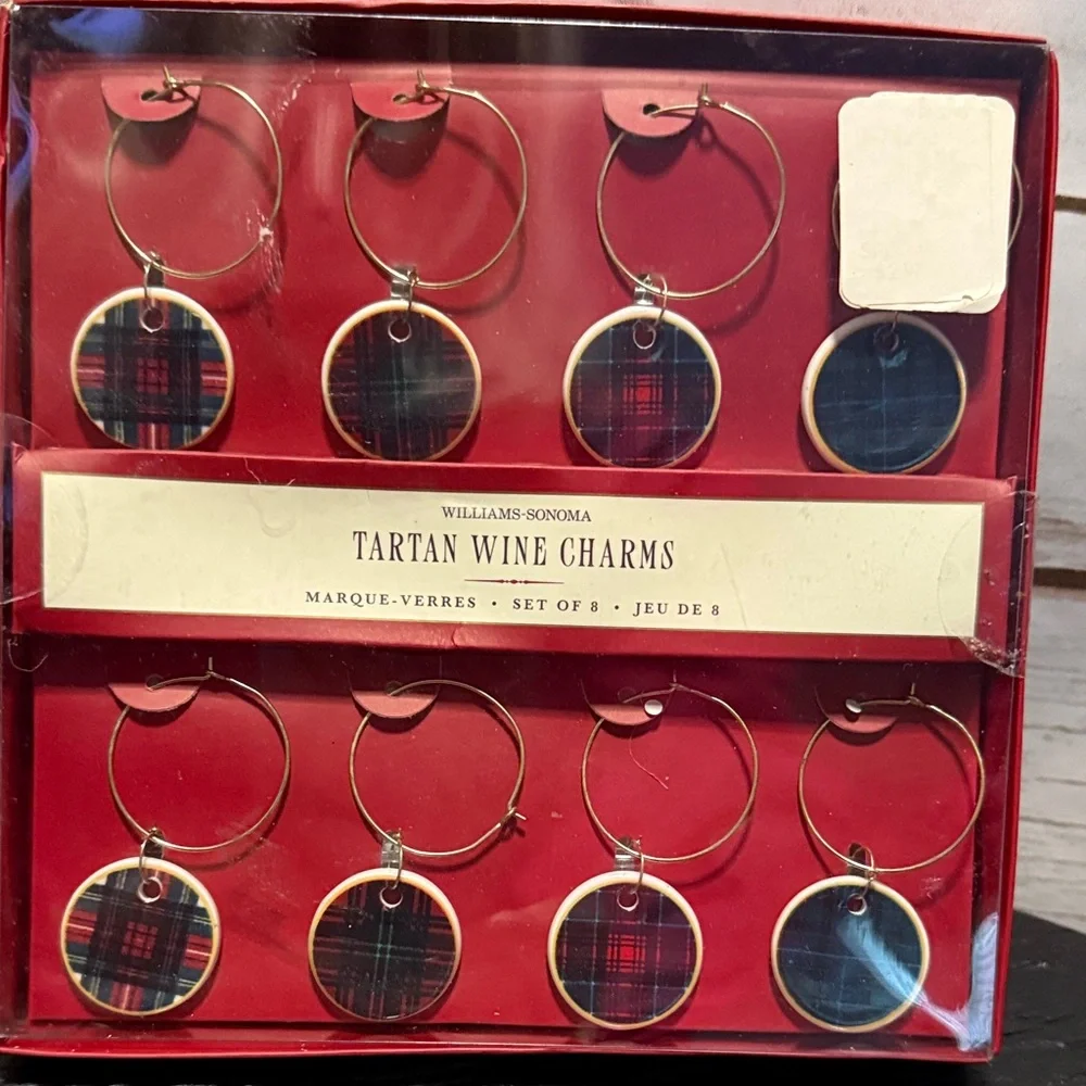 Williams Sonoma Plaid Wine Glass Charms Set Of 8 Holiday - Christmas